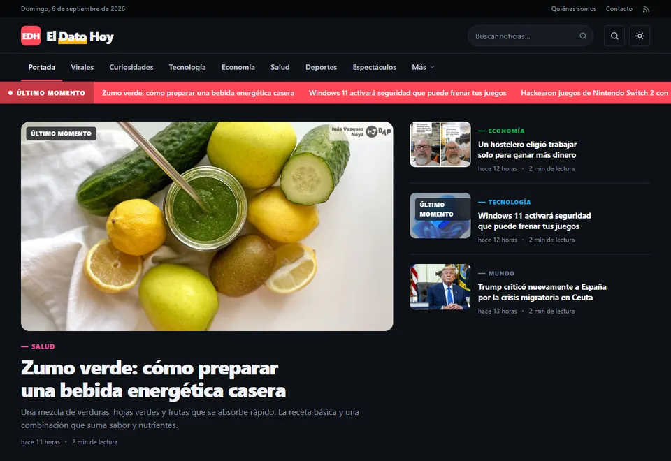 Portada de El Dato Hoy en modo oscuro: barra con la fecha, cintillo rojo de último momento, titular principal sobre una foto y columna de últimas noticias